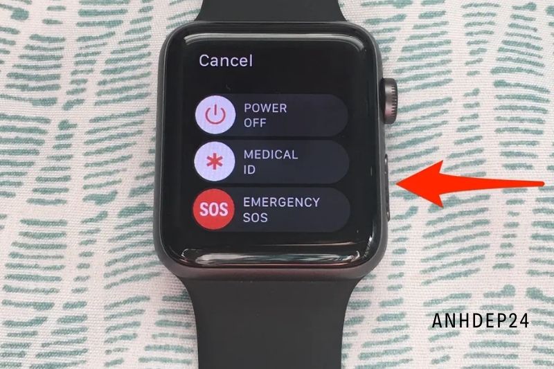 1. Press and hold the side button on your Apple Watch to turn it off and remove it from the charger if it is attached.