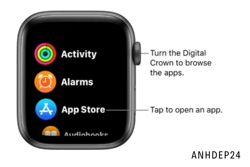 Press the Digital Crown on the Apple Watch to open the App View.